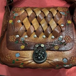Hippie Boho Genuine Leather Purse Handbag Tooled Vintage 70s Flowers Excellent